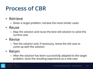 Process of CBR
• Retrieve
– Given a target problem, retrieve the most similar cases
• Reuse
– Map the solution and reuse the best old solution to solve the
current case
• Revise
– Test the solution and, if necessary, revise the old case to
come up with the solution
• Retain
– After the solution has been successfully adapted to the target
problem, store the resulting experience as a new case
Knowledge Engineering - Natig Vahabov 49
 