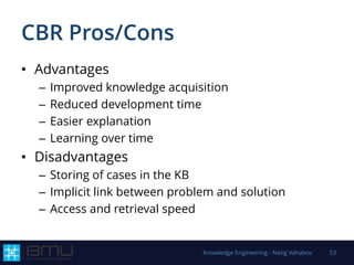 CBR Pros/Cons
• Advantages
– Improved knowledge acquisition
– Reduced development time
– Easier explanation
– Learning over time
• Disadvantages
– Storing of cases in the KB
– Implicit link between problem and solution
– Access and retrieval speed
Knowledge Engineering - Natig Vahabov 53
 