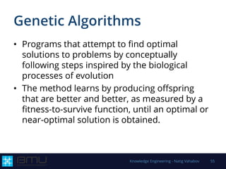Genetic Algorithms
• Programs that attempt to find optimal
solutions to problems by conceptually
following steps inspired by the biological
processes of evolution
• The method learns by producing offspring
that are better and better, as measured by a
fitness-to-survive function, until an optimal or
near-optimal solution is obtained.
Knowledge Engineering - Natig Vahabov 55
 