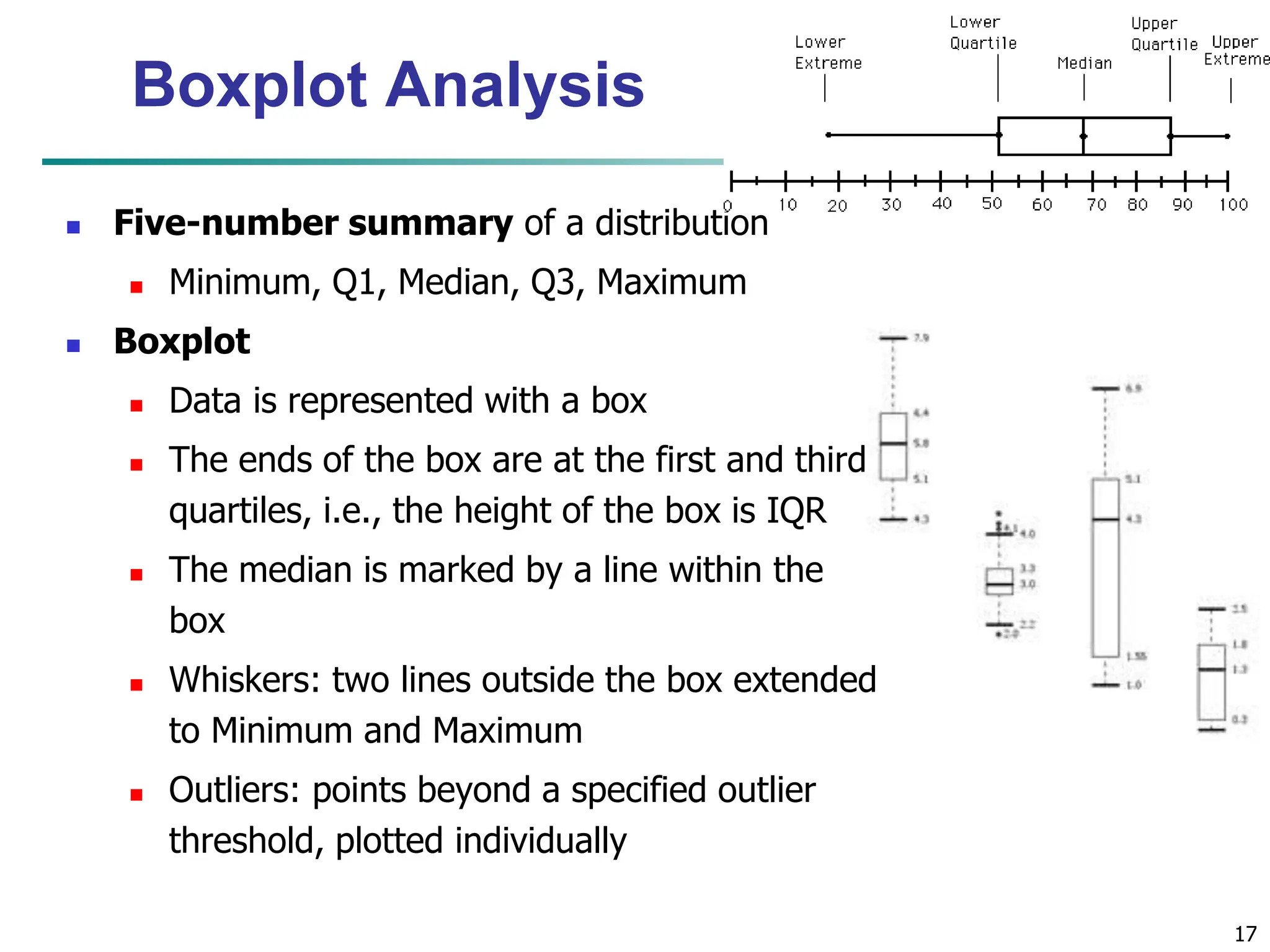 17 Boxplot Analysis  Five-number summary of a distribution  Minimum, Q1, Median, Q3, Maximum  Boxplot  Data is represented with a box  The ends of the box are at the first and third quartiles, i.e., the height of the box is IQR  The median is marked by a line within the box  Whiskers: two lines outside the box extended to Minimum and Maximum  Outliers: points beyond a specified outlier threshold, plotted individually 