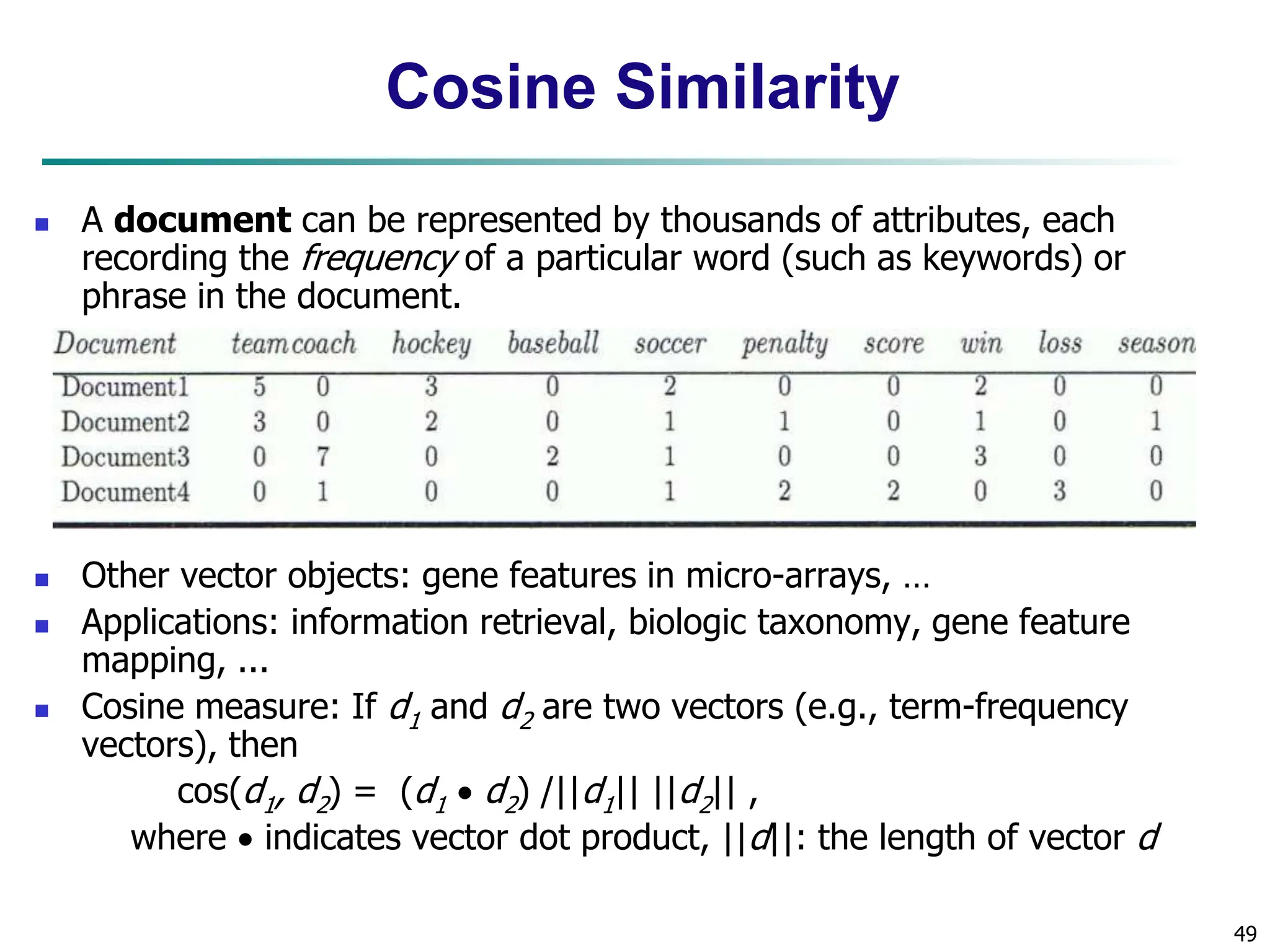 49 Cosine Similarity  A document can be represented by thousands of attributes, each recording the frequency of a particular word (such as keywords) or phrase in the document.  Other vector objects: gene features in micro-arrays, …  Applications: information retrieval, biologic taxonomy, gene feature mapping, ...  Cosine measure: If d1 and d2 are two vectors (e.g., term-frequency vectors), then cos(d1, d2) = (d1  d2) /||d1|| ||d2|| , where  indicates vector dot product, ||d||: the length of vector d 