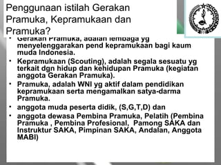 • Gerakan Pramuka, adalah lembaga yg
menyelenggarakan pend kepramukaan bagi kaum
muda Indonesia.
• Kepramukaan (Scouting), adalah segala sesuatu yg
terkait dgn hidup dan kehidupan Pramuka (kegiatan
anggota Gerakan Pramuka).
• Pramuka, adalah WNI yg aktif dalam pendidikan
kepramukaan serta mengamalkan satya-darma
Pramuka.
• anggota muda peserta didik, (S,G,T,D) dan
• anggota dewasa Pembina Pramuka, Pelatih (Pembina
Pramuka , Pembina Profesional, Pamong SAKA dan
Instruktur SAKA, Pimpinan SAKA, Andalan, Anggota
MABI)
Penggunaan istilah Gerakan
Pramuka, Kepramukaan dan
Pramuka?
 