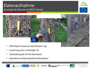 Kick-off Meeting
8-9/jan/2014
Datenaufnahme
Auszeige der Bäume mit RFID-Marker
• RFID-Radio-Frequency-Identification Tag
• Zuordnung einer eindeutigen ID
• Verknüpfung der ID mit Datenbank
• Datenbank enthält detaillierte Baumdaten
 