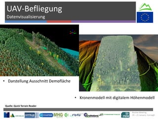 Review Meeting
19 – 21 January Corcaigh
UAV-Befliegung
Datenvisualisierung
Test
Test combine with scan data.
• Kronenmodell mit digitalem Höhenmodell
• Darstellung Ausschnitt Demofläche
Quelle: Quick Terrain Reader
 