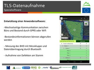 Entwicklung einer Anwendersoftware:
-Wechselseitige Kommunikation zwischen
Büro und Bestand durch GPRS oder Wifi
-Bestandesinformationen können abgerufen
werden
- Messung des BHD mit Messkluppe und
Datenübertragung durch Bluetooth
- Aufnahme von Defekten am Stamm
TLS-Datenaufnahme
Spezialsoftware
 