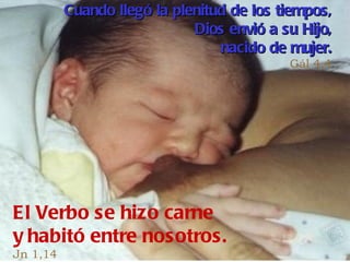 Cuando llegó la plenitud de los tiempos, Dios envió a su Hijo, nacido de mujer. Gál 4,4 El Verbo se hizo carne y habitó entre nosotros. Jn 1,14