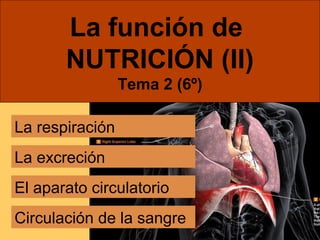 La función de 
NUTRICIÓN (II) 
La respiración 
Tema 2 (6º) 
La excreción 
El aparato circulatorio 
Circulación de la sangre 
 