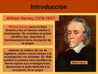 Introducción 
William Harvey (1578-1657) 
William Harvey nació en Gran 
Bretaña y fue un famoso médico e 
investigador. Se considera el primer 
científico que describió el 
funcionamiento de la circulación de 
la sangre 
William Harvey 
Además de médico del rey de 
Inglaterra, dedicó mucho tiempo a la 
investigación con animales. En 1628 
publicó su primera obra científica en 
donde expuso sus investigaciones, 
destacando la parte dedicada a la 
circulación de la sangre 
 