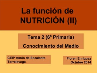 La función de 
NUTRICIÓN (II) 
Tema 2 (6º Primaria) 
Conocimiento del Medio 
Floren Enríquez 
Octubre 2014 
CEIP Amós de Escalante 
Torrelavega 

