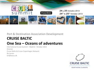 Port & Destination Association Development

CRUISE BALTIC
One Sea – Oceans of adventures
International Cruise Summit – Madrid – October 2013
Director
Cruise Baltic & Cruise Copenhagen Network
Bo Larsen
bnl@woco.dk

 