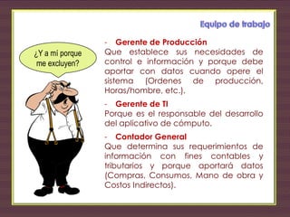 - Gerente de Producción
Que establece sus necesidades de
control e información y porque debe
aportar con datos cuando opere el
sistema (Ordenes de producción,
Horas/hombre, etc.).
- Gerente de TI
Porque es el responsable del desarrollo
del aplicativo de cómputo.
- Contador General
Que determina sus requerimientos de
información con fines contables y
tributarios y porque aportará datos
(Compras, Consumos, Mano de obra y
Costos Indirectos).
¿Y a mí porque
me excluyen?
 