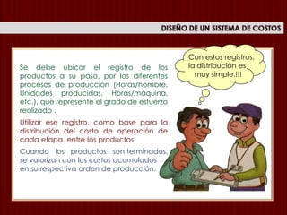 Se debe ubicar el registro de los
productos a su paso, por los diferentes
procesos de producción (Horas/hombre,
Unidades producidas, Horas/máquina,
etc.), que represente el grado de esfuerzo
realizado .
Utilizar ese registro, como base para la
distribución del costo de operación de
cada etapa, entre los productos.
Cuando los productos son terminados,
se valorizan con los costos acumulados
en su respectiva orden de producción.
Con estos registros,
la distribución es
muy simple.!!!
 