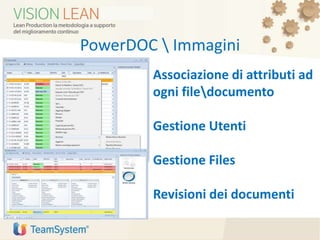 PowerDOC  Immagini
Associazione di attributi ad
ogni filedocumento
Gestione Utenti
Gestione Files
Revisioni dei documenti
 