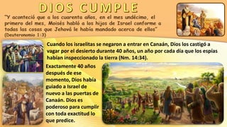 Cuando los israelitas se negaron a entrar en Canaán, Dios los castigó a
vagar por el desierto durante 40 años, un año por cada día que los espías
habían inspeccionado la tierra (Nm. 14:34).
Exactamente 40 años
después de ese
momento, Dios había
guiado a Israel de
nuevo a las puertas de
Canaán. Dios es
poderoso para cumplir
con toda exactitud lo
que predice.
 