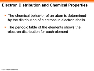 © 2014 Pearson Education, Inc.
Electron Distribution and Chemical Properties
 The chemical behavior of an atom is determined
by the distribution of electrons in electron shells
 The periodic table of the elements shows the
electron distribution for each element
 