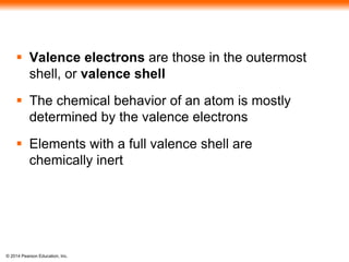 © 2014 Pearson Education, Inc.
 Valence electrons are those in the outermost
shell, or valence shell
 The chemical behavior of an atom is mostly
determined by the valence electrons
 Elements with a full valence shell are
chemically inert
 