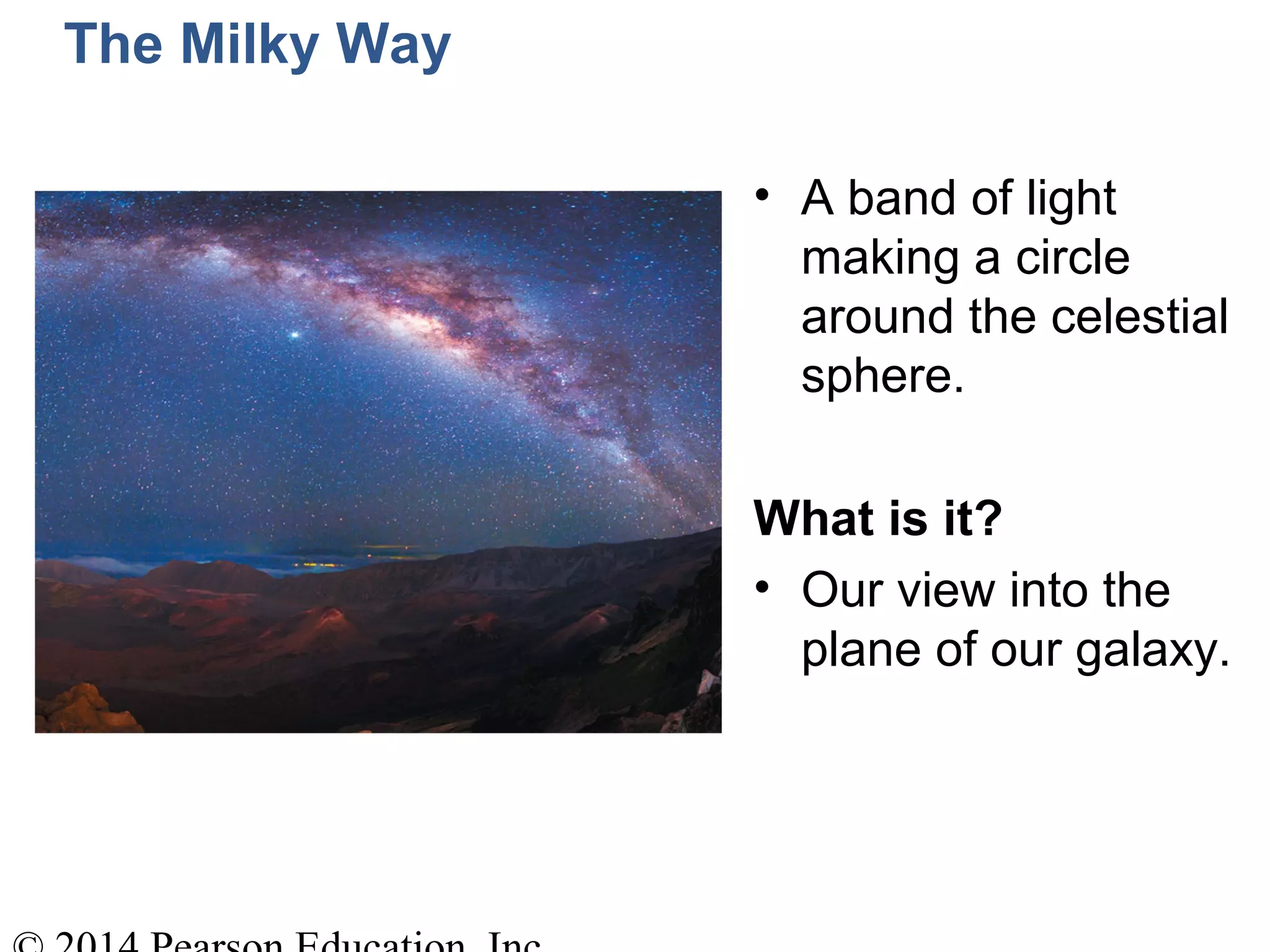 The Milky Way
• A band of light
making a circle
around the celestial
sphere.
What is it?
• Our view into the
plane of our galaxy.
 