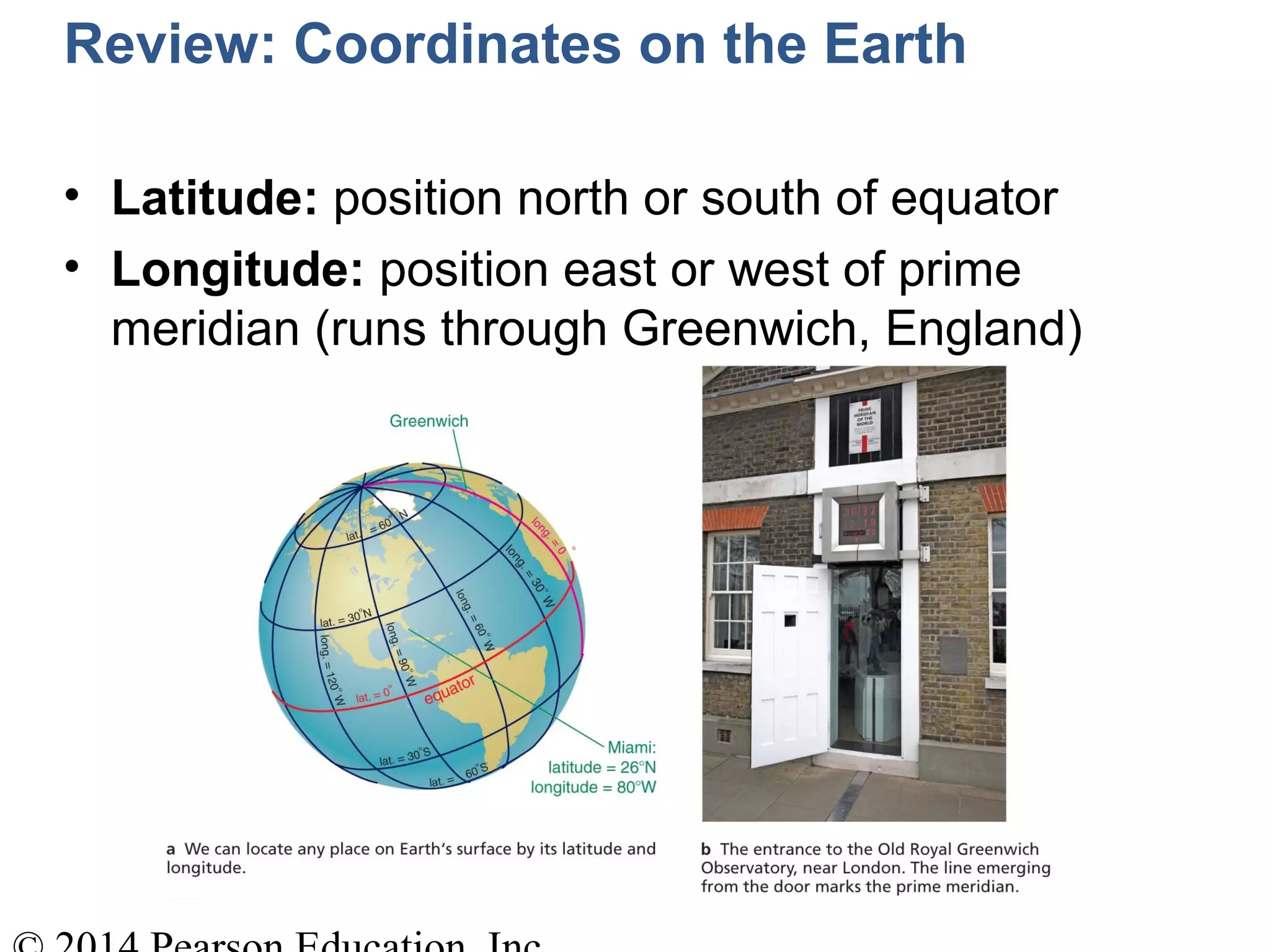 Review: Coordinates on the Earth
• Latitude: position north or south of equator
• Longitude: position east or west of prime
meridian (runs through Greenwich, England)
 