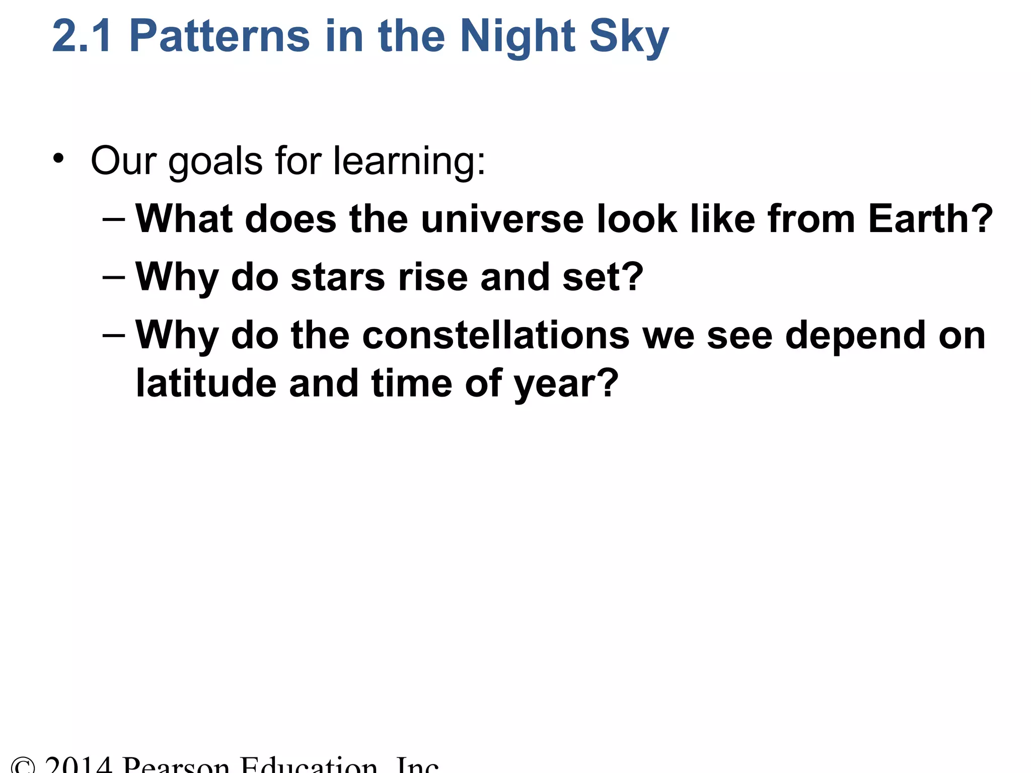 2.1 Patterns in the Night Sky
• Our goals for learning:
– What does the universe look like from Earth?
– Why do stars rise and set?
– Why do the constellations we see depend on
latitude and time of year?
 