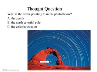 © 2010 Pearson Education, Inc.
Thought Question
What is the arrow pointing to in the photo below?
A. the zenith
B. the north celestial pole
C. the celestial equator
 