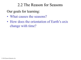 © 2010 Pearson Education, Inc.
2.2 The Reason for Seasons
Our goals for learning:
• What causes the seasons?
• How does the orientation of Earth’s axis
change with time?
 