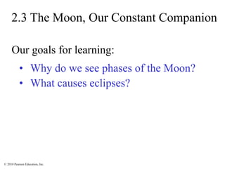 © 2010 Pearson Education, Inc.
2.3 The Moon, Our Constant Companion
• Why do we see phases of the Moon?
• What causes eclipses?
Our goals for learning:
 