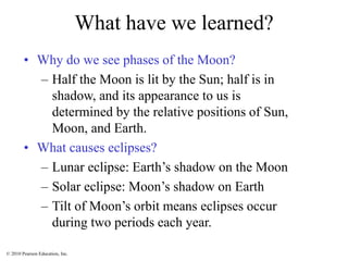 © 2010 Pearson Education, Inc.
What have we learned?
• Why do we see phases of the Moon?
– Half the Moon is lit by the Sun; half is in
shadow, and its appearance to us is
determined by the relative positions of Sun,
Moon, and Earth.
• What causes eclipses?
– Lunar eclipse: Earth’s shadow on the Moon
– Solar eclipse: Moon’s shadow on Earth
– Tilt of Moon’s orbit means eclipses occur
during two periods each year.
 