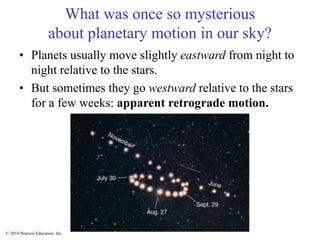 © 2010 Pearson Education, Inc.
What was once so mysterious
about planetary motion in our sky?
• Planets usually move slightly eastward from night to
night relative to the stars.
• But sometimes they go westward relative to the stars
for a few weeks: apparent retrograde motion.
 