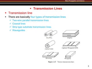 Wave Propagation and Antenna
 Transmission Lines
 Transmission line
 There are basically four types of transmission lines
 Two-wire parallel transmission lines
 Coaxial lines
 Strip type substrate transmission lines
 Waveguides
3
 