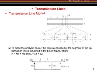 Wave Propagation and Antenna
 Transmission Lines
 Transmission Line Model
8
 To make the analysis easier, the equivalent circuit of the segment of the tra
nsmission line is simplified in the below figure, where
R = R1 + R2 and L = L1 + L2.
 