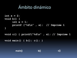 Ámbito dinámico
int x = 2;
void b() (
int x = 1;
printf (”%dn” , x); // Imprime 1
}
void c() { printf(“%dn” , x); // Imprime 1
void main() { b(); c(); }
main() b() c()
 