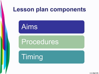 Lesson plan components
Aims
Procedures
Timing
 