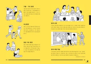 134 135
2
방재 체험 학습
피난훈련
응급 구호 훈련
도쿄도에서는 즐기면서 재해에 대해 배우면서 방재 체험 학습을 할 수 있는‘방재관’
을 마련하고 있습니다 . 이케부쿠로 , 혼조 , 타치카와의 세 곳에서 수시로 다양한 훈련
을 편하게 체험 할 수 있으므로 방재 체험의 첫 걸음으로 이용합시다 .
화재 , 지진 등의 재해시에 안전하게 피난
하기 위한 훈련입니다 . 피난하기 위해 필
요한 대비나 피난방법 외 , 연기 체험 하
우스 등을 활용하여 연기의 성질 등을 배
웁니다 .
응급 사태에 적절한 응급 처치를 하기 위
해서는 평소부터 응급 처치에 관한 지식
과 기술을 배우고 익혀 둘 필요가 있습니
다 . 응급 구호 훈련에서는 유사시를 위한
응급 처치 방법을 배웁니다 .
지진이나 화재 등의 재해시에 , 우선 자신의 몸을 지키고 그 다음에 가까운 사람을 돕고
또한 지역에 기여할 수 있게 되기를 성장 단계에 따라 가르치는 것이 방재 교육입니다 .
학교에서의 피난 훈련은 물론 가족도 방화 방재 훈련에 참가합시다 .
건물 붕괴 등으로 인해 도망치지 못한 사
람을 가까이에 있는 기구를 활용하여 구
출하기 위한 방법을 익힙니다 . 그리고 구
조한 사람에 대한 응급 처치 방법에 대해
서도 배웁니다 .
방재 교육
구출 • 구조 훈련
상세정보⇔ 273 페이지
150629_2-co.indd 134-135
150629_2-co.indd 134-135 2015-08-31 오전 12:48:12
2015-08-31 오전 12:48:12
 