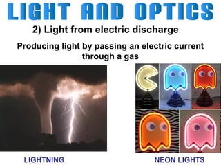 2) Light from electric discharge
Producing light by passing an electric current
through a gas

LIGHTNING

NEON LIGHTS

 