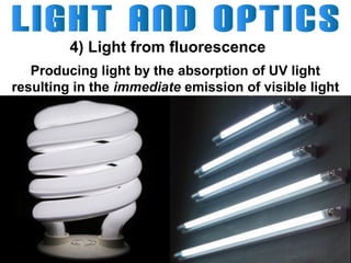 4) Light from fluorescence
Producing light by the absorption of UV light
resulting in the immediate emission of visible light

 