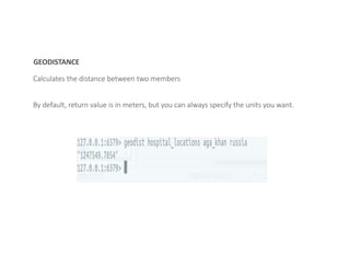 GEODISTANCE
Calculates the distance between two members
By default, return value is in meters, but you can always specify the units you want.
 