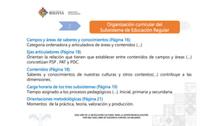 Organización curricular del
Subsistema de Educación Regular
2
Campos y áreas de saberes y conocimientos (Página 16)
Categoría ordenadora y articuladora de áreas y contenidos (…)
Ejes articuladores (Página 18)
Orientan la relación que tienen que establecer entre contenidos de campos y áreas (…)
concretizan PSP , PAT y PDC.
Contenidos (Página 18)
Saberes y conocimientos de nuestras culturas y otros contextos(…) contribuye a las
dimensiones.
Orientaciones metodológicas (Página 21)
Momentos de la práctica, teoría, valoración y producción.
Carga horaria de los tres subsistemas (Página 19)
Tiempo asignado a los procesos pedagógicos (…). Inicial, primaria y secundaria.
 