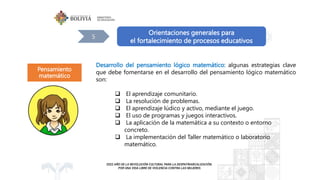 Orientaciones generales para
el fortalecimiento de procesos educativos
5
Desarrollo del pensamiento lógico matemático: algunas estrategias clave
que debe fomentarse en el desarrollo del pensamiento lógico matemático
son:
 El aprendizaje comunitario.
 La resolución de problemas.
 El aprendizaje lúdico y activo, mediante el juego.
 El uso de programas y juegos interactivos.
 La aplicación de la matemática a su contexto o entorno
concreto.
 La implementación del Taller matemático o laboratorio
matemático.
Pensamiento
matemático
 