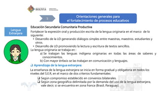 Orientaciones generales para
el fortalecimiento de procesos educativos
5
 Aprendizaje de la lengua extranjera:
La enseñanza de la lengua extranjera se inicia en forma gradual y obligatoria en todos los
niveles del S.E.R, en el marco de dos criterios fundamentales:
 Según compromiso establecido en convenios bilaterales.
 Según zona geográfica delimitada por la demanda del uso de la lengua extranjera,
vale decir, si se encuentra en zona franca (Brasil, Paraguay).
Educación Secundaria Comunitaria Productiva
Fortalecer la expresión oral y producción escrita de la lengua originaria en el marco de lo
siguiente:
• Desarrollo de la LO generando diálogos simples entre maestras, maestros. estudiantes y
otros.
• Desarrollo de LO promoviendo la lectura y escritura de textos sencillos.
La lengua originaria se trabaja en :
a) Se trabajan las lenguas indígena originarias en todas las áreas de saberes y
conocimientos.
b) Con mayor énfasis se las trabajan en comunicación y lenguajes.
Lengua
Extranjera
 