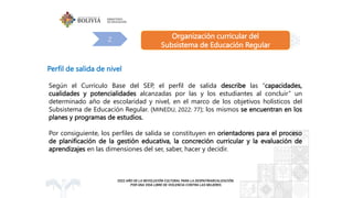 Organización curricular del
Subsistema de Educación Regular
2
Perfil de salida de nivel
Según el Currículo Base del SEP, el perfil de salida describe las “capacidades,
cualidades y potencialidades alcanzadas por las y los estudiantes al concluir” un
determinado año de escolaridad y nivel, en el marco de los objetivos holísticos del
Subsistema de Educación Regular. (MINEDU, 2022: 77); los mismos se encuentran en los
planes y programas de estudios.
Por consiguiente, los perfiles de salida se constituyen en orientadores para el proceso
de planificación de la gestión educativa, la concreción curricular y la evaluación de
aprendizajes en las dimensiones del ser, saber, hacer y decidir.
 