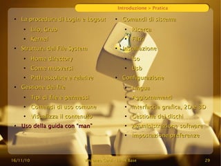 16/11/10
16/11/10 Vincenzo Cervi
Vincenzo Cervi -
- Linux Base
Linux Base 29
29
Introduzione > Pratica
●
La procedura di Login e Logout
La procedura di Login e Logout
●
Lilo, Grub
Lilo, Grub
●
Kernel
Kernel
●
Struttura del File System
Struttura del File System
●
Home directory
Home directory
●
Come muoversi
Come muoversi
●
Path assolute e relative
Path assolute e relative
●
Gestione dei file
Gestione dei file
●
Tipi di file e permessi
Tipi di file e permessi
●
Comandi di uso comune
Comandi di uso comune
●
Visualizza il contenuto
Visualizza il contenuto
●
Uso della guida con “man”
Uso della guida con “man”
●
Comandi di sistema
Comandi di sistema
●
Ricerca
Ricerca
●
Filtri
Filtri
●
Installazione
Installazione
●
Iso
Iso
●
Usb
Usb
●
Configurazione
Configurazione
●
Lingua
Lingua
●
Aggiornamenti
Aggiornamenti
●
Interfaccia grafica, 2D e 3D
Interfaccia grafica, 2D e 3D
●
Gestione dei dischi
Gestione dei dischi
●
Amministrazione software
Amministrazione software
●
Impostazione preferenze
Impostazione preferenze
 