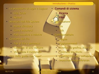 16/11/10
16/11/10 Vincenzo Cervi
Vincenzo Cervi -
- Linux Base
Linux Base 32
32
Introduzione > Pratica
●
La procedura di Login e Logout
La procedura di Login e Logout
●
Lilo, Grub
Lilo, Grub
●
Kernel
Kernel
●
Struttura del File System
Struttura del File System
●
Home directory
Home directory
●
Come muoversi
Come muoversi
●
Path assolute e relative
Path assolute e relative
●
Gestione dei file
Gestione dei file
●
Tipi di file e permessi
Tipi di file e permessi
●
Comandi di uso comune
Comandi di uso comune
●
Visualizza il contenuto
Visualizza il contenuto
●
Uso della guida con “man”
Uso della guida con “man”
●
Comandi di sistema
Comandi di sistema
●
Ricerca
Ricerca
●
Filtri
Filtri
●
Installazione
Installazione
●
Iso
Iso
●
Usb
Usb
●
Configurazione
Configurazione
●
Lingua
Lingua
●
Aggiornamenti
Aggiornamenti
●
Interfaccia grafica, 2D e 3D
Interfaccia grafica, 2D e 3D
●
Gestione dei dischi
Gestione dei dischi
●
Amministrazione software
Amministrazione software
●
Impostazione preferenze
Impostazione preferenze
 