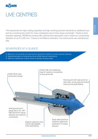 2007
LIVE CENTRES
ADVANTAGES AT A GLANCE
The requirement for high cutting capacities and high working precision demands an additional sup-
port by a revolving live centre for many workpieces due to their shape and length. Thanks to their
precision bearings, RÖHM live centres offer optimal force absorption and a maximum concentricity
deviation of up to 0.003 mm. Thanks to the lifetime lubrication, the centre points are maintenance-
free.
Shaft ground true to
gauge size in acc. with
DIN 228 AT5 for narrow
tolerance and maximum
concentricity
Precise roller and needle bea-
rings for maximum concentricity
for long service life
Running point with wear-proof car-
bide insert, can be reground several
times and has shaft bearing
Maximum concentricity and optimal force absorption thanks to proven precision bearings
Special lubrication for long service life and little required maintenance
Minimum interference contour thanks to slender housing shape
Support surface for ensu-
ring the full loadability
of the axial bearing
Spray water groove as
protection against the
penetration of cooling
lubricant
Shaft hole for easy
centre point change
Livecentres
www.eshop.roehm.biz
 