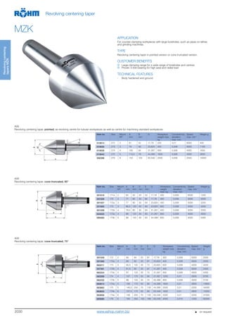 2030
Revolvingcentering
tapersMZK
Revolving centering taper
MZK
APPLICATION
For counter-clamping workpieces with large boreholes, such as pipes on lathes
and grinding machines.
TYPE
Revolving centering taper in pointed version or cone truncated version.
CUSTOMER BENEFITS
Large clamping range for a wide range of boreholes and centres
Proven 3-fold bearing for high axial and radial load
TECHNICAL FEATURES
- Body hardened and ground
A06
Revolving centering taper, pointed, as revolving centre for tubular workpieces as well as centre for machining standard workpieces
Item no. Size Mount
MT
A
mm
B
mm
G Workpiece
weight max.
kg
Concentricity
deviation
max. mm
Speed
max. min-1
Weight g
010613 272 2 61 42 17,78 200 0,01 6000 400
010635 273 3 79 56 23,825 400 0,008 6000 1100
010638 274 4 100 64 31,267 800 0,008 4000 1600
010642 275 5 115,5 78 44,399 1600 0,008 4000 3600
306396 276 6 153 105 63,348 2500 0,008 2500 10000
A06
Revolving centering taper, cone truncated, 60°
Item no. Size Mount
MT
A
mm
B
mm
D
mm
E
mm
G Workpiece
weight
max. kg
Concentricity
deviation
max. mm
Speed
max. min-1
Weight g
301616 171a 2 65 50 20 52 17,78 200 0,008 6000 1200
301556 172 2 77 80 30 64 17,78 300 0,008 5000 2000
301557 172a 3 77 80 30 64 23,825 400 0,008 5000 2200
221605 173 3 96,5 120 30 83 23,825 600 0,008 4000 4200
301558 172b 4 78,5 80 30 64 31,267 400 0,008 5000 2300
044023 173a 4 98 120 30 83 31,267 800 0,008 4000 4500
090483 173b 5 99 120 30 83 44,399 800 0,008 4000 5300
A06
Revolving centering taper, cone truncated, 75°
Item no. Size Mount
MT
A
mm
B
mm
D
mm
E
mm
G Workpiece
weight max.
kg
Concentricity
deviation
max. mm
Speed
max. min-1
Weight
g
301559 172 2 80 80 20 67 17,78 300 0,008 5000 2000
301560 172a 3 80 80 20 67 23,825 400 0,008 5000 2000
062211 173 3 85,5 120 30 72 23,825 600 0,008 4000 4200
301561 172b 4 81,5 80 20 67 31,267 400 0,008 5000 2400
062224 173a 4 87 120 30 72 31,267 800 0,008 4000 4300
062299 174 4 107 170 50 90 31,267 1200 0,01 2800 9700
062232 173b 5 88 120 30 72 44,399 800 0,008 4000 5100
063614 174a 5 106 170 50 90 44,399 1600 0,01 2800 10600
063662 175 5 146,5 250 75 130 44,399 2000 0,01 2200 34000
063633 174b 6 107,5 170 50 90 63,348 1600 0,01 2800 13300
063656 175a 6 148 250 75 130 63,348 2000 0,01 2200 37000
063680 176 6 184 350 120 168 63,348 4000 0,015 1200 82000
                    on requestwww.eshop.roehm.biz
 