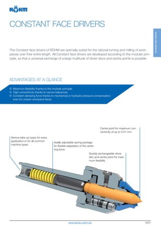 2037
CONSTANT FACE DRIVERS
ADVANTAGES AT A GLANCE
The Constant face drivers of RÖHM are optimally suited for the rational turning and milling of work-
pieces over their entire length. All Constant face drivers are developed according to the modular prin-
ciple, so that a universal exchange of a large multitude of driver discs and centre points is possible.
Centre point for maximum con-
centricity of up to 0.01 mm
Axially adjustable spring package
for flexible adaptation of the cente-
ring force
Various take-up types for every
application or for all common
machine types
Quickly exchangeable driver
disc and centre point for maxi-
mum flexibility
Maximum flexibility thanks to the modular principle
High concentricity thanks to narrow tolerances
Constant clamping force thanks to mechanical or hydraulic pressure compensation,
even for uneven workpiece faces
Constantfacedrivers
www.eshop.roehm.biz
 
