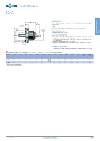 2045
Constantfacedrivers
CoA
Constant face drivers
CoA
APPLICATION
For the rational turning of workpieces on its entire length without reclamping with
max. precision.
TYPE
Basic body with centring mount and hydraulic / mechanical pressure
compensation.
Clamping circuit Ø 8-80 mm.
Workpiece weight max. 100 kg.
CUSTOMER BENEFITS
Constant clamping force thanks to hydraulic / mechanical pressure compen-
sation, even for uneven workpiece faces
Stable and constant workpiece length stop on the front side thanks to resili-
ent centre point
Maximum concentricity of up to 0.015 mm
Maximum flexibility thanks to universal exchange of driving disc and centre
point
TECHNICAL FEATURES
- Guide value for axially permissible total load on 3 support pistons: 20.000 N
A14
Basic body flange type, with spring set (basic body without driving disc and centre) mechanical / hydraulic
Item no. A mm B mm D mm E F mm G mm H mm M mm O mm P mm T mm Z mm Stroke
Centre
mm
Weight
approx. g
0880461) 142 30 100 M 10 15 25
max. 45
min. 26
61 90 98 120 16 15 7300
3139102) 142 30 100 M 10 15 25
max. 45
min. 26
61 90 98 120 16 15 7300
1)
with hydraulic compensation
2)
with mechanical compensation
     on request www.eshop.roehm.biz
 