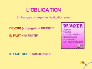 L’OBLIGATION
En français on exprime l’obligation avec:
DEVOIR (conjugué) + INFINITIF
IL FAUT + INFINITIF
IL FAUT QUE + SUBJONCTIF
 