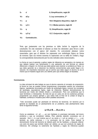 9.-      s’                              8; Simplificación, regla 20

       10.-     sÚ p                            3; Ley conmutativa, 2ª

       11.-     p                               10,9; Silogismo disyuntivo, regla 21

       12.-     qÙr                             11,1; Modus ponens, regla 24

       13.-     q                               12; Simplificación, regla 29

       14.-     q Ù q’                          13,7; Conjunción, regla 23

       15.-     Contradicción.




      Note que juntamente con las premisas se debe incluir la negación de la
      conclusión. En este momento el alumno ya tiene los elementos para llevar a cabo
      demostraciones con el apoyo del maestro. Es conveniente plantear varios
      enunciados, para que el alumno los represente con simbología lógica en forma
      de teorema. Que ese mismo teorema lo represente con su tabla de verdad y haga
      la correspondiente demostración por los dos métodos antes mencionados.

      La forma en que el aprende a aplicar reglas de inferencia es semejante a la manera en
      que deberá realizar una factorización o una aplicación de una fórmula en cálculo
      diferencial o integral o la formula que debe aplicar para resolver un problema en física. Lo
      que debe aprender es a relacionar los distintos conocimientos para poder llegar a la
      solución. Es importante mencionar que el camino que debe seguir el alumno no es el
      mismo que el maestro siguió sino uno distinto pero que ambos llegan al resultado.




Conclusiones.

      La idea principal de este trabajo es que el alumno aprenda el concepto de proposición,
      la forma en que se pueden formar proposiciones compuestas usando los conectores
      lógicos, representar enunciados por medio de simbología lógica, conocer los conceptos
      de tautología, equivalencia lógica, regla de inferencia. Realizar demostraciones de
      teoremas por medio del método directo y contradicción. Pero con problemas que le
      sean familiares e interesantes. Se trata de que en cada uno de los subtemas participe
      proponiendo sus propios ejemplo y que sobre todo al final de la unidad él tenga la
      habilidad, confianza e iniciativa para inferir posibles soluciones.

       Todo enunciado puede ser planteado en términos de teoremas. Un teorema por lo
      general es resultado de un planteamiento de un problema, este planteamiento debe
      tener el siguiente formato.

                                         (p1 ∧ p2 ∧ .......∧ pn) ⇒ q

      Como se establece p1, p2 ,......,pn son hipótesis (o premisas) derivadas del mismo
      problema y que se consideran válidas. Pero además deberán conectarse con el
      operador And (  ∧), lo cual implica que p1 es cierta y ( p2 es verdad y (
                                                             ∧)                 ∧)...... y pn
      también es cierta entonces (⇒) la conclusión (q) es cierta. Para realizar la
      demostración formal del teorema se deberá partir de las hipótesis, y después obtener
      una serie de pasos que también deben ser válidos, ya que son producto de reglas de
      inferencia. Sin embargo no solamente las hipótesis y reglas de inferencia pueden
 