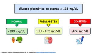 Glucosa plasmática en ayunas ≥ 126 mg/dL
NORMAL PREDIABETES DIABETES
<100 mg/dL 100 - 125 mg/dL ≥126 mg/dL
• Diagnóstico [Internet]. Diabetes.org. [cited 2024 Apr 14]. Available from: https://diabetes.org/espanol/diagnostico
 