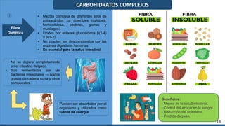 CARBOHIDRATOS COMPLEJOS
3 • Mezcla compleja de diferentes tipos de
polisacáridos no digeribles (celulosa,
hemicelulosa, pectinas, gomas y
mucílagos).
• Unidos por enlaces glucosídicos β(1-4)
o β(1-3).
• No pueden ser descompuestos por las
enzimas digestivas humanas.
• Es esencial para la salud intestinal
Fibra
Dietética
Pueden ser absorbidos por el
organismo y utilizados como
fuente de energía.
• No se digiere completamente
en el intestino delgado.
• Son fermentadas por las
bacterias intestinales → ácidos
grasos de cadena corta y otros
compuestos.
Beneficios:
- Mejora de la salud intestinal.
- Control del azúcar en la sangre.
- Reducción del colesterol.
- Pérdida de peso.
13
 